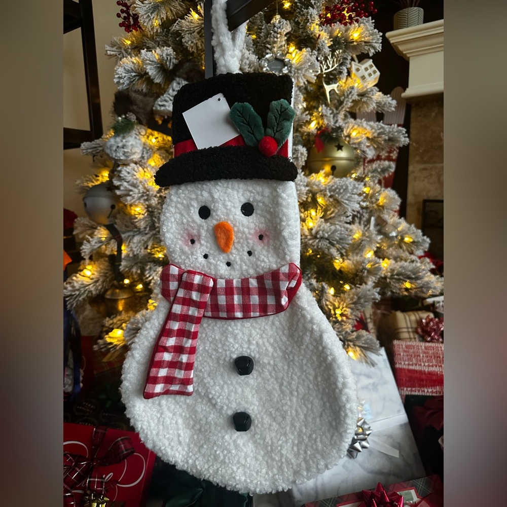 New Hobby Lobby 3D Sherpa Snowman Plush Christmas Stocking. *Bells Gingham Scarf